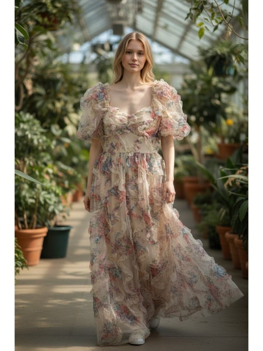 Floral Chiffon Maxi Dress Puff Sleeve Ruffle Tiered Fairycore Prom Princess XL